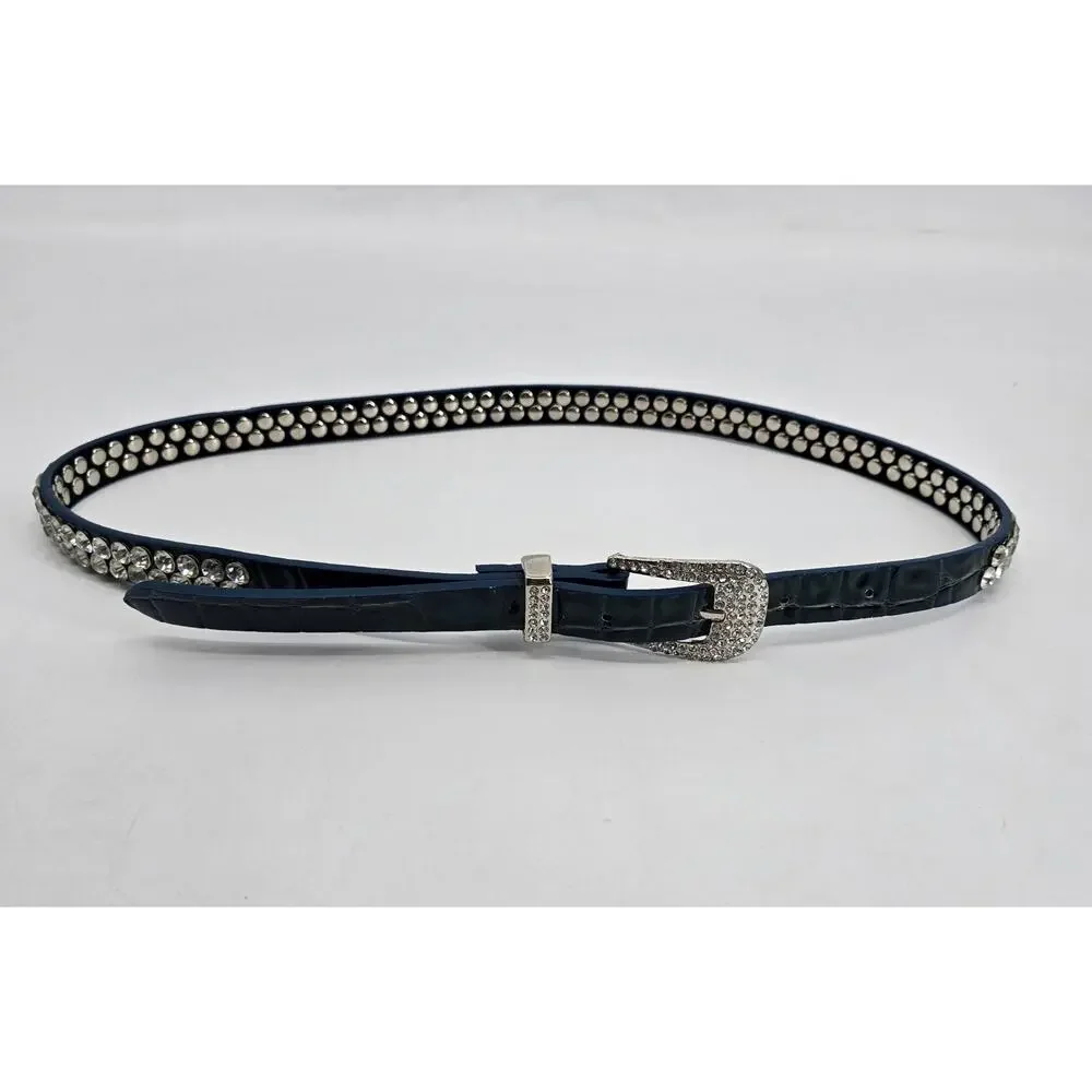 Vintage Y2K Navy‎ Patent Leather Rhinestone Studded Belt Bling Western Glam S/M